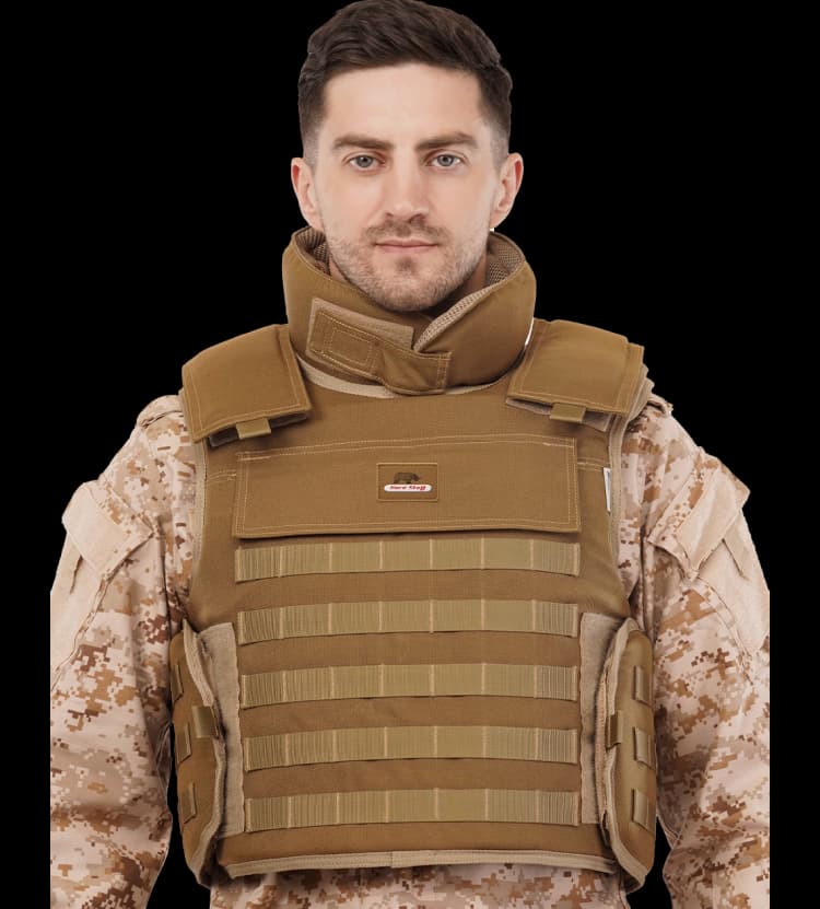 Close-up of Hard Shell MOLLE General Purpose Vest showing adjustable collar and heavy-duty Velcro fasteners.