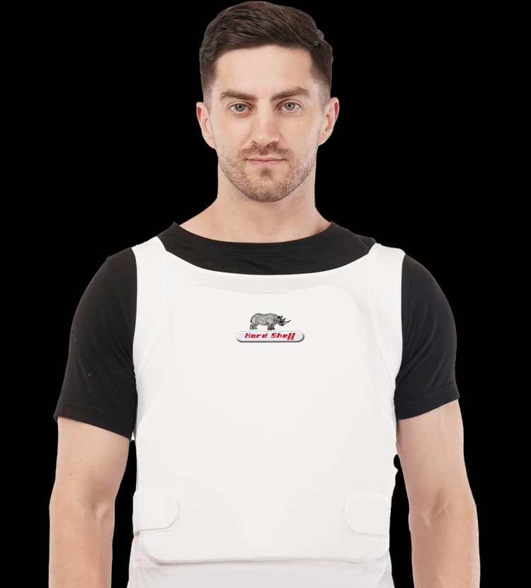 Front view of a man wearing a Hard Shell vip undervest vest designed for discreet personal protection.
