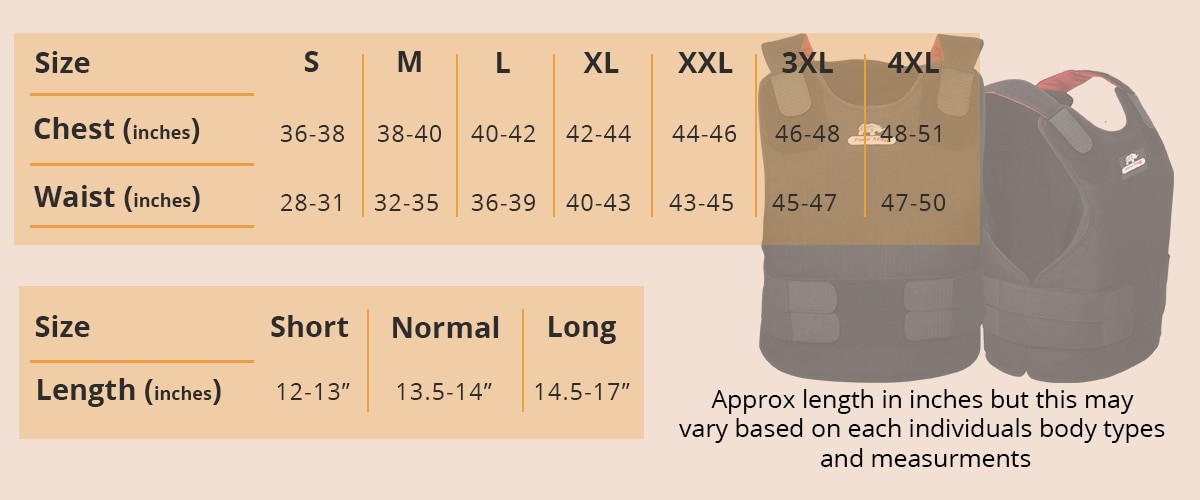 Body armor size chart by hardshell fze